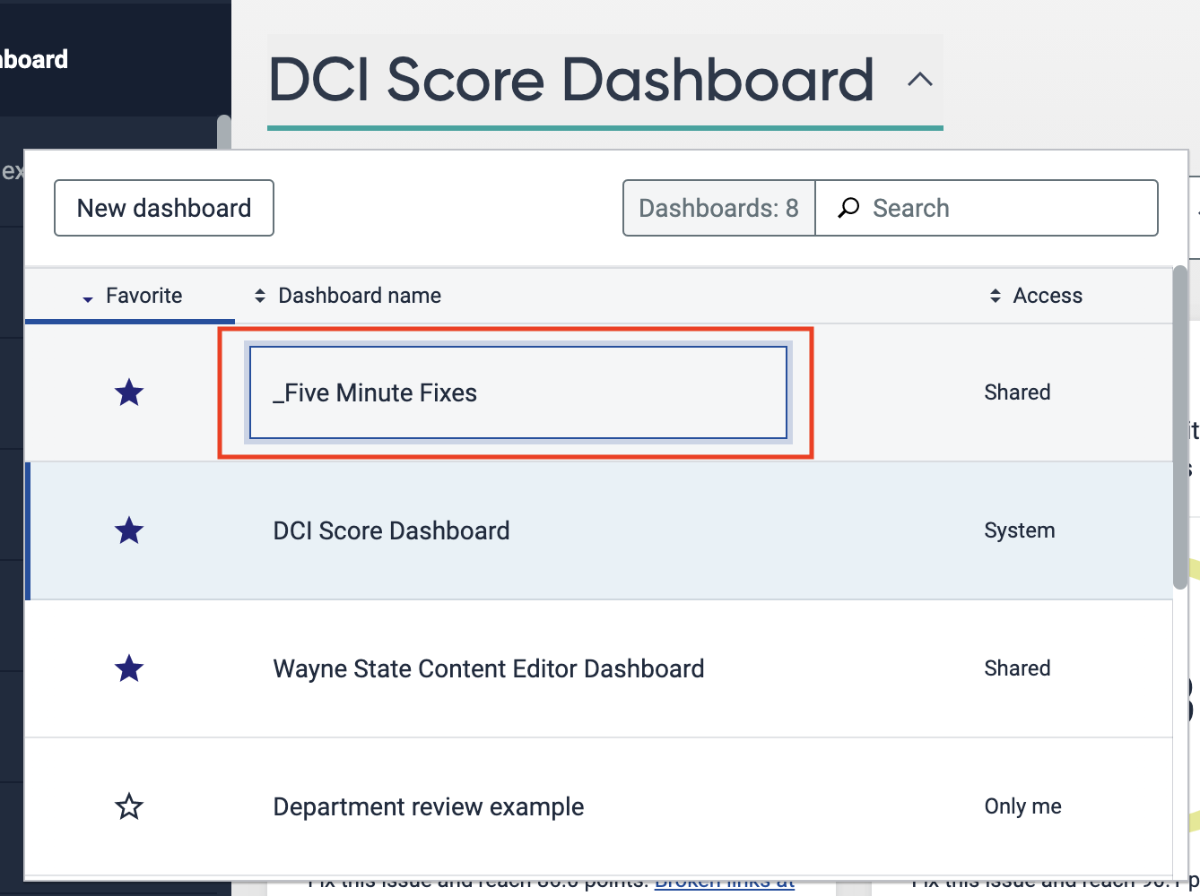 Dropdown with _Five Minute Fixes highlighted to select the dashboard