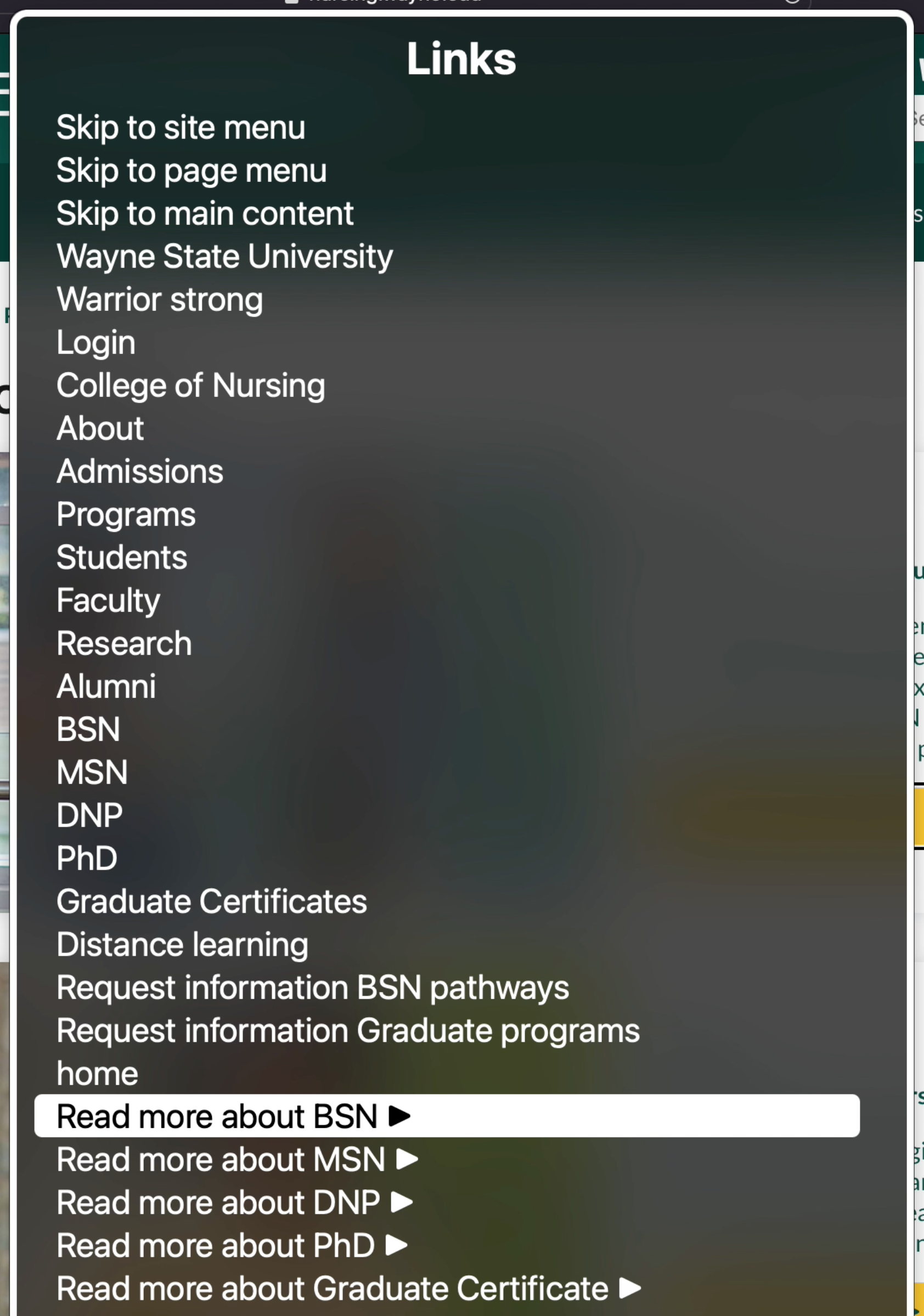 Screenshot of links on the nursing homepage pulled up by a screen reader