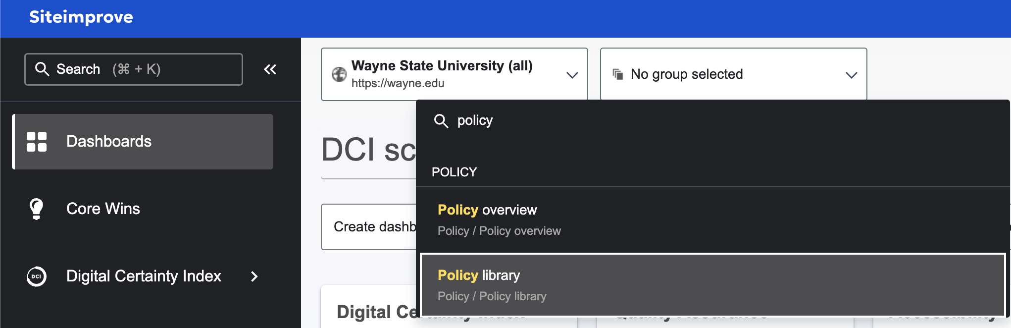 Screenshot of options for policy search term